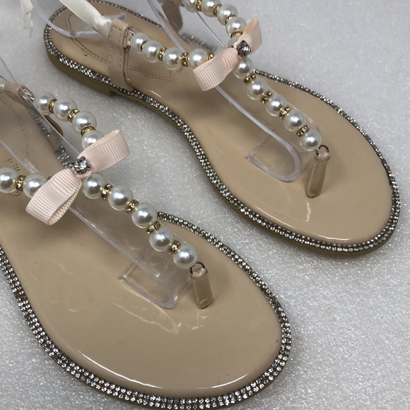 Kailee P Sandals Faux Pearl & Rhinestone Crystal Champagne Ankle Ribbon Size 33 - Picture 7 of 12